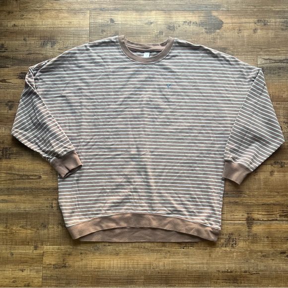 Zyia Women S Small Brown Blue Stripe Pullover Top Long Sleeve Crop Drop Shoulder - Picture 1 of 6